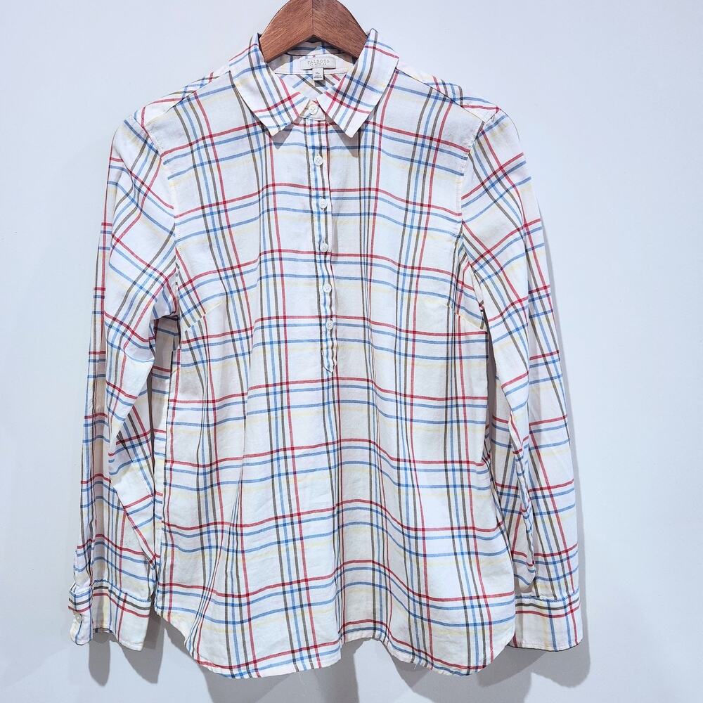 Talbots Womens White Plaid Half Button Up Long Sleeve Blouse Size Medium Petite
